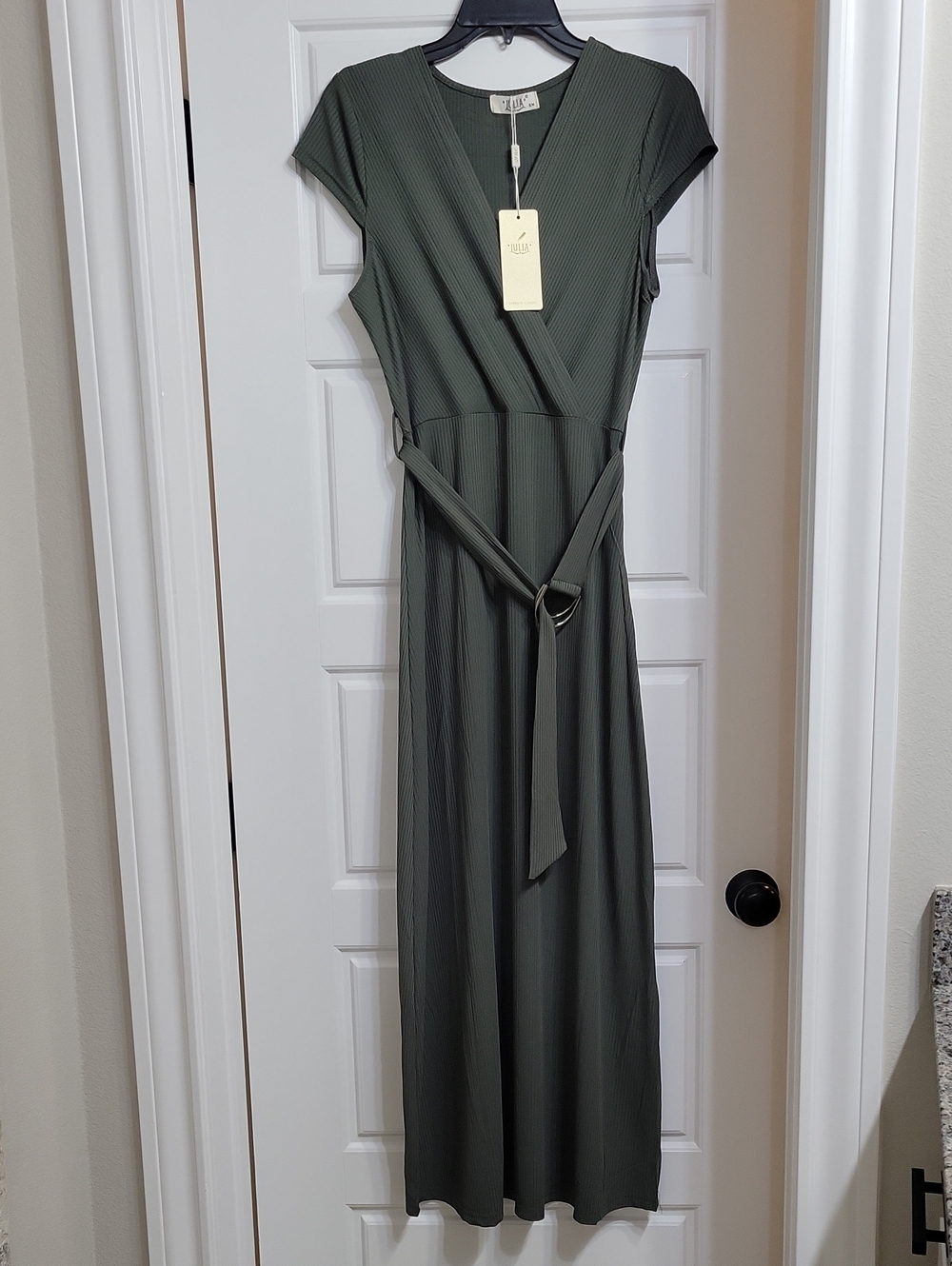 Cap-Sleeve Wrap Maxi Dress in Olive Green with D-Ring Belt